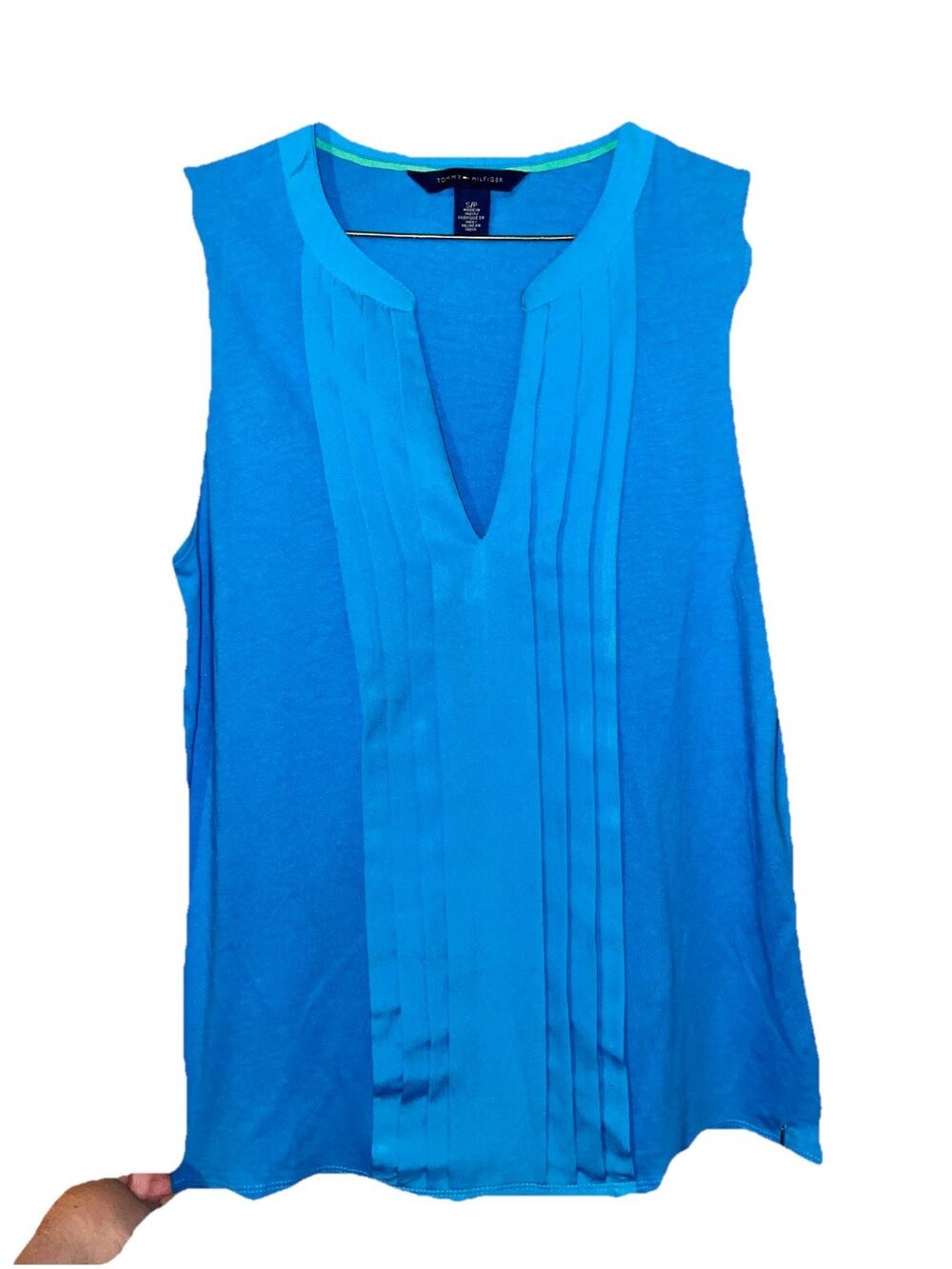 Womens Top-TOMMY HILFIGER-blue cotton blend knit w/silky pintucked trim slvlss-S